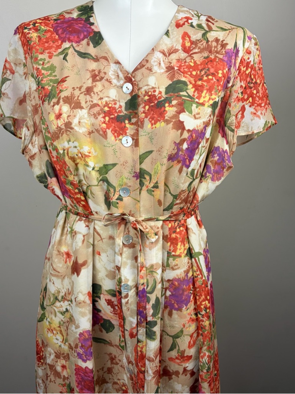 Coldwater Creek Silk 14P Floral Cream Midi Dress with Tie Waist Flaw - Picture 2 of 13